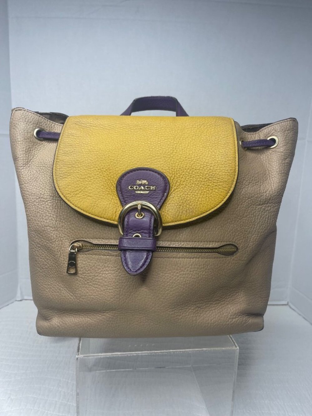 Coach Kleo Pebbled Leather Colorblock Casual Backpack Yellow/Tan/Purple - Picture 1 of 15